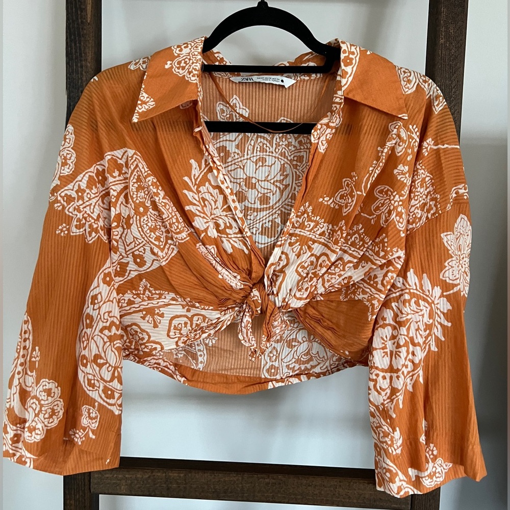 Zara Orange Tie Front Top